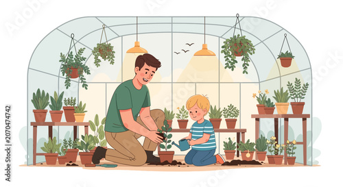 Father and Son Bonding While Gardening in Bright Greenhouse