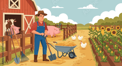 Farmer Tending to Livestock and Garden on Sunny Day