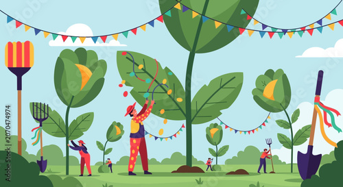 Colorful Planting Festival with Joyful Community Gardening Activities