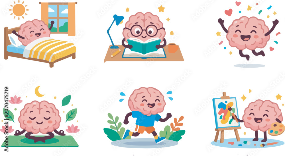 Fototapeta premium Cute Brain Character Daily Routine Activities Vector Illustration Set
