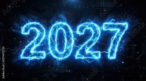 2027 Glowing Electric Number Sign, Futuristic Digital Year Concept, High Voltage Energy Typography, Cyberpunk Tech Background for New Year Countdown and Technology Presentations