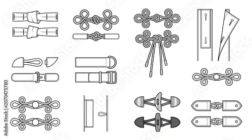 Set of Fashion Technical Drawings of Garment Closures including Frog Knots, Toggles, and Straps