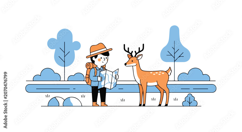 Fototapeta premium A young hiker with a backpack and map stands next to a graceful deer in a scenic, blue-toned forest landscape during an outdoor adventure.