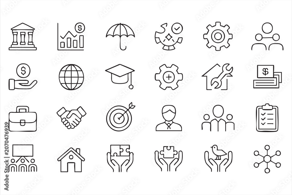 Fototapeta premium Business strategy line art collection with target, handshake, checklist, analytics and leadership concepts
