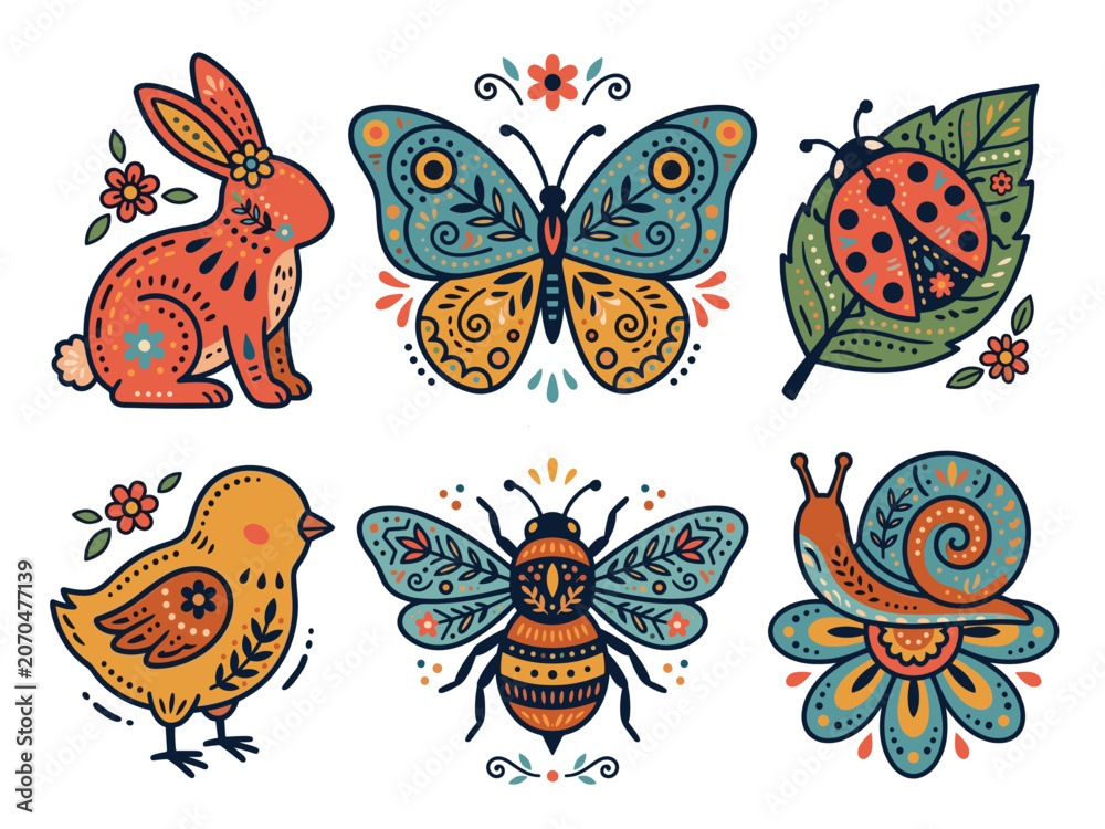 Obraz premium Garden Critter Folk Art Bundle—Rabbit, Butterfly, Ladybug, Baby Chick, Bee, Snail. Vector Illustration. Folk Art Edition