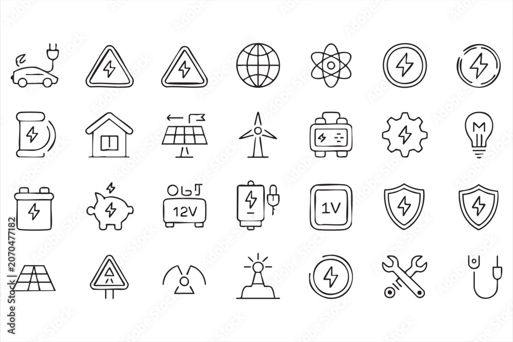 Fototapeta premium Clean energy icon set for electric vehicles, smart home systems and renewable power infrastructure