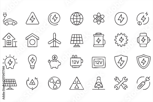 Bild auf Leinwand Renewable energy outline icon collection for solar power, EV charging and sustai
