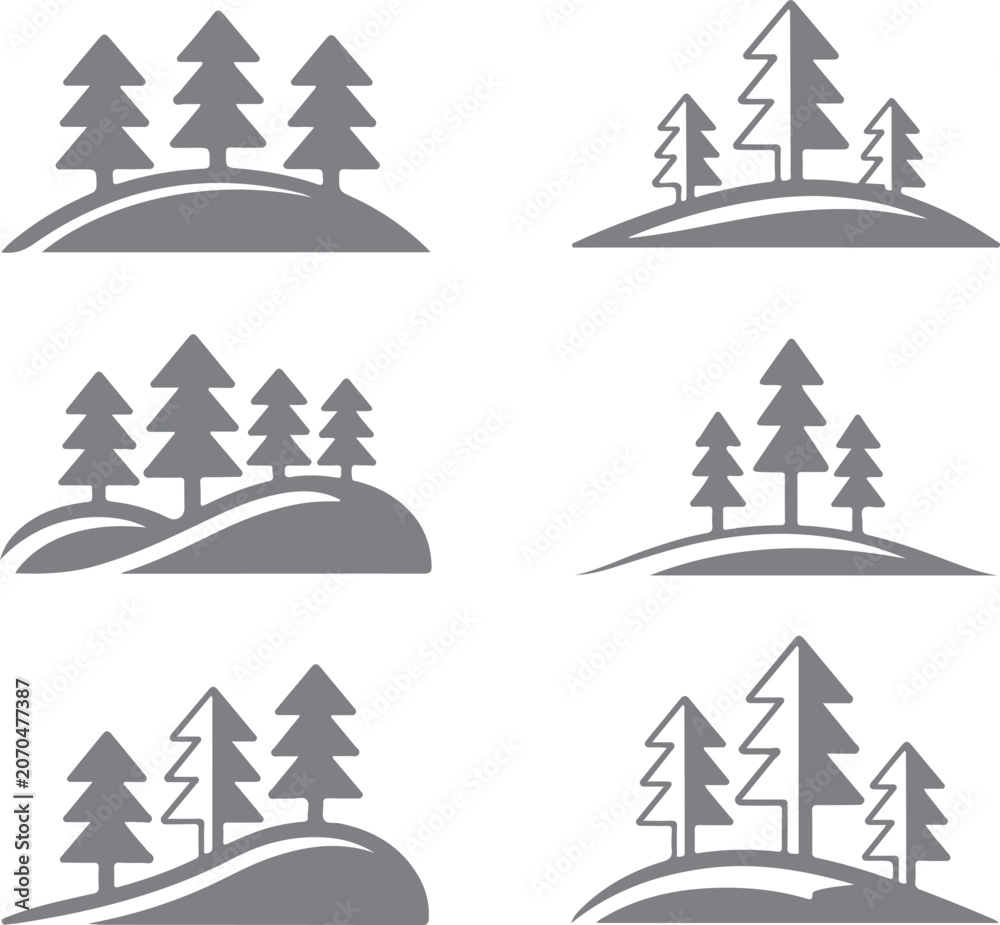 Fototapeta premium Seamless pattern with silhouettes of christmas trees on hill, repeated pine forest illustration, woodland background.