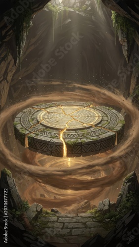Stone Breath of the Mountain — Magic Circle Altar Fantasy Game Concept Art, Cinematic Key Visual｜山の石息吹 — 魔法陣の祭壇 ファンタジーゲームコンセプトアート 和風幻想