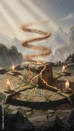 Stone Breath of the Mountain — Magic Circle Altar Fantasy Game Concept Art, Cinematic Key Visual｜山の石息吹 — 魔法陣の祭壇 ファンタジーゲームコンセプトアート 和風幻想