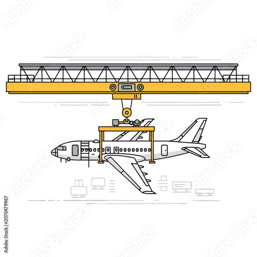 A large industrial crane lifts a commercial airplane in a factory setting