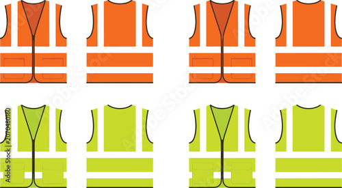 Safety vest collection illustration, high visibility workwear protective apparel designs, industrial security elements