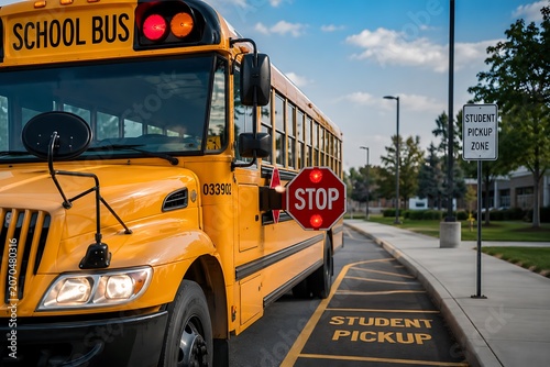 Yellow school bus with stop sign extended during a student pickup in daylight with clear sky