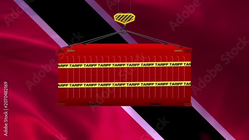 Cargo Container and National Flag: A red cargo container, marked with yellow tape, hangs from a crane against the backdrop of a vibrant national flag, symbolizing international trade and logistics.