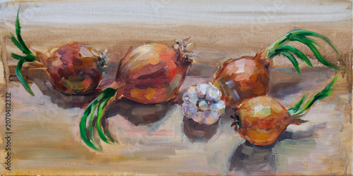 Still life with onions and garlic. Oil painting on canvas