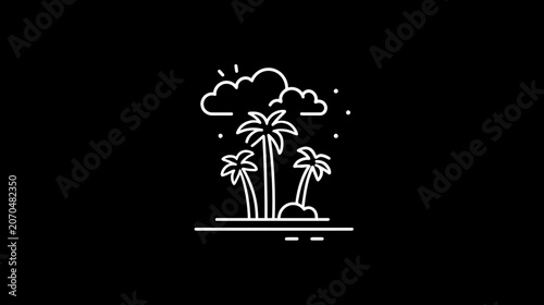 Minimalist island scene palm trees sun and clouds isolated on black