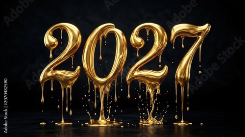 2027 Liquid Gold Typography Design, Melting Metallic Numbers for New Year Celebration, Luxury Abstract 3D Render for Holiday Greeting Cards and Festive Digital Backgrounds