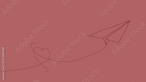 Minimalist paper airplane with a heart trail on a red background