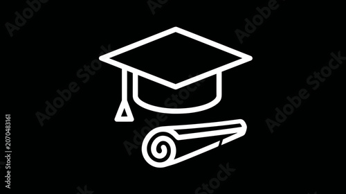 Simple illustration of graduation cap and diploma against a black background
