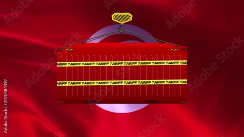 Customs Red Container: A red cargo container secured with yellow caution tape, suspended by a crane hook, against a vibrant red background.