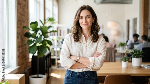 A woman stands confidently in a bright, modern office space.