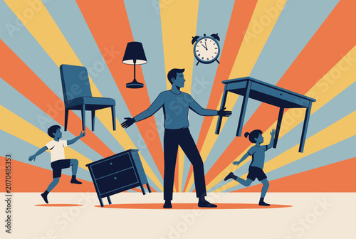Overwhelmed father tries to manage floating furniture while his playful children run around in a messy house.