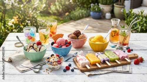 A vibrant outdoor scene showcases a delightful assortment of frozen desserts and refreshing beverages on a weathered wooden table.