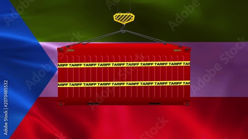 Tariff Impact: A red cargo container secured with yellow caution tape is lifted by a crane against a backdrop of flowing fabric resembling a flag, symbolizing trade barriers and economic impact.