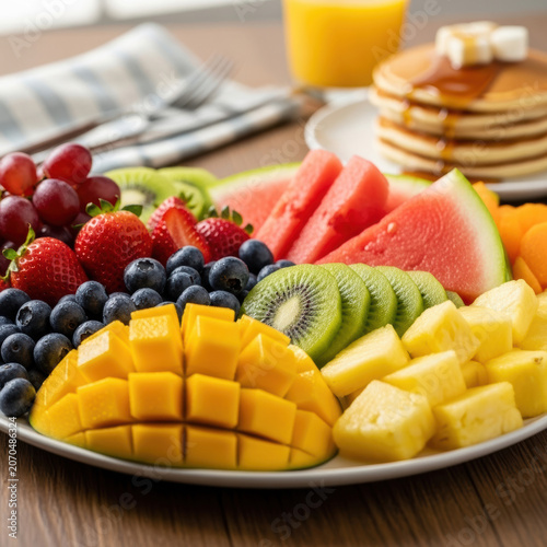 Fresh colorful fruit salad platter with pancakes and orange juice for breakfast