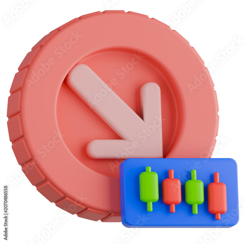 Stock Market Loss Concept with Red Coin Downward Arrow and Candlestick Chart Panel. 3d icon.