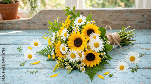 Sunflower bouquet on rustic wooden table