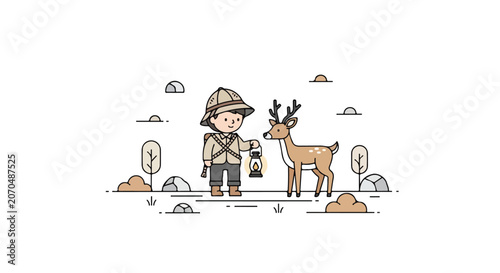 Obraz na plátně A cute minimalist vector illustration features a young explorer wearing a pith helmet and holding a lantern while standing next to a deer in nature