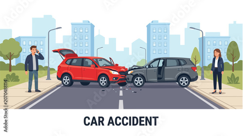 Two damaged vehicles involved in a serious road traffic accident vector illustration for safety awareness concepts