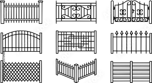 Konstfotografi Architectural and Construction Black  White Line Art Icon Set of Various Fence a