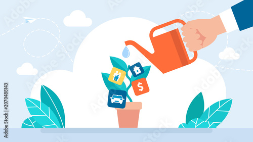 	
Orange watering can pouring drops on a green sprout inside a ceramic flowerpot, representing growth, investment care, business development and nature nurturing. Flat illustration.