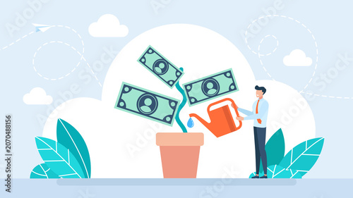 Money tree growing inside a ceramic flowerpot with green dollar banknotes instead of foliage, representing investment profit, financial savings and wealth cultivation. Flat illustration.