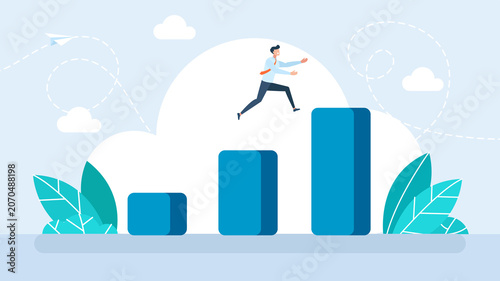 Successful businessman jumping forward over growing financial bar chart columns, representing professional career development, motivation and corporate leadership. Flat illustration.