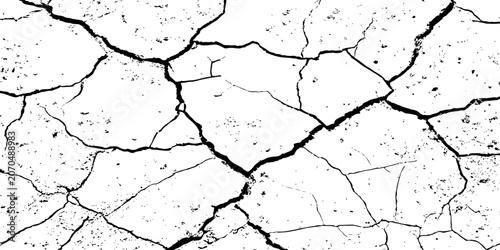 Фотография A high-contrast, black and white texture overlay of extensively cracked and distressed dry ground, featuring jagged, organic fissures and subtle granular details against a stark white background