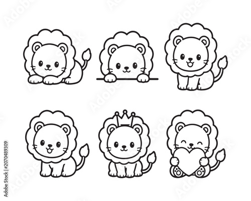 Cute Lion Outline Bundle Collection Kawaii Baby Lion Vector Set