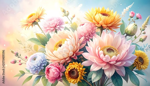 Close up of blooming pink and white peonies in soft light.