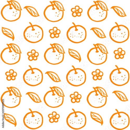 Seamless pattern with hand drawn orange fruits leaves and flowers isolated on white background