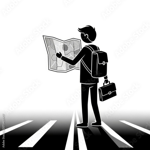 Man with backpack looking at map.