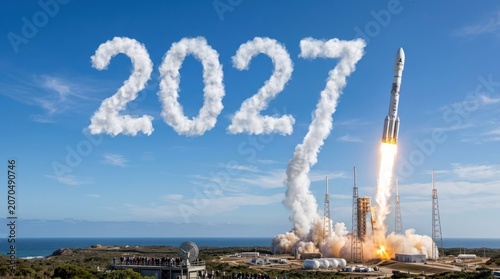 Rocket launch creating 2027 smoke trail in blue sky, conceptual image for future business planning, technology milestones, ambitious goals, and upcoming year success strategy