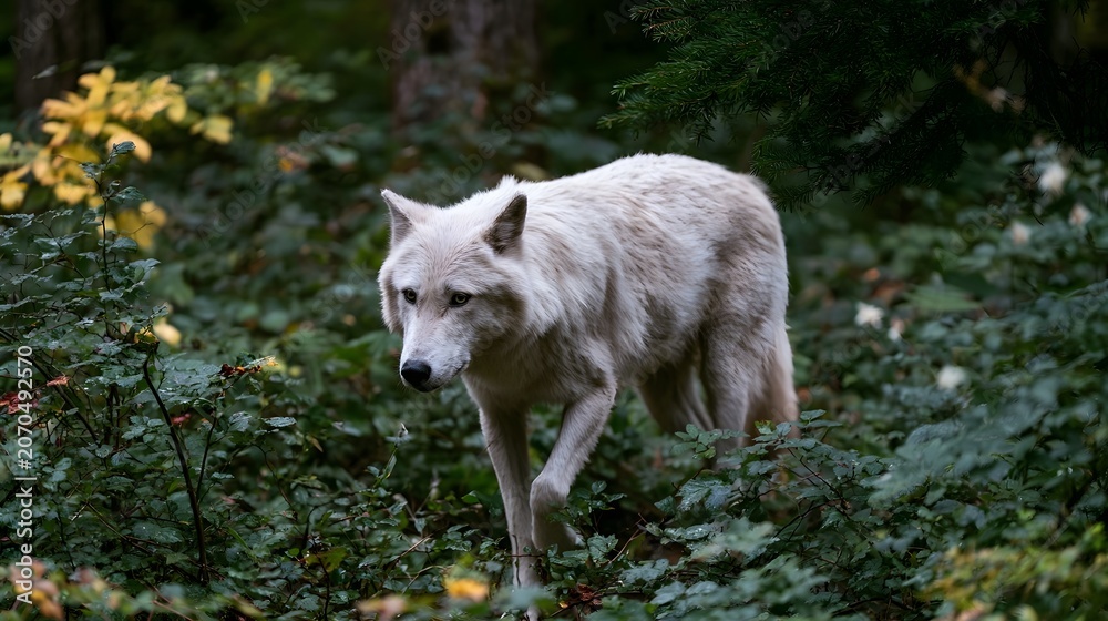 Fototapeta premium A swift wolf moves gracefully through dense underbrush in a serene natural forest setting