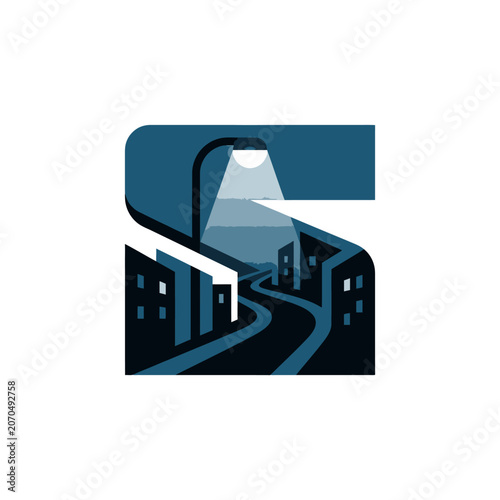 Letter S shaped city street scene at night.