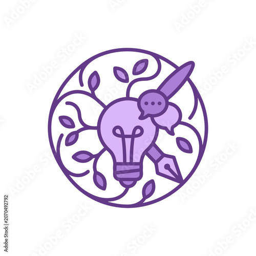 Lightbulb with chat bubbles and pen in circular design.