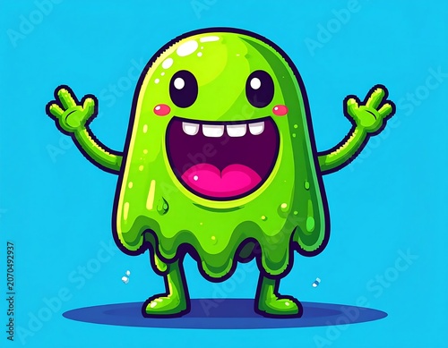 Happy Green Cartoon Monster Waving in Bright Blue Background