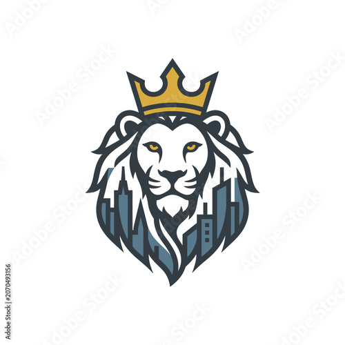 Majestic lion wearing golden crown with city skyline silhouette.