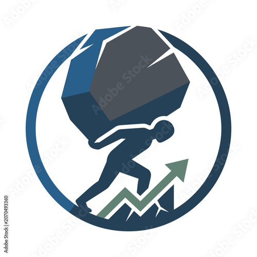 Man carrying heavy rock up rising financial chart arrow.