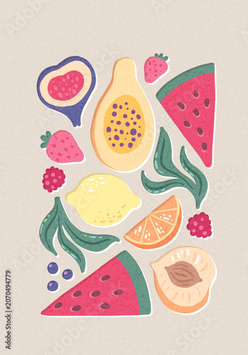 Abstract fruit poster. Contemporary art print with hand drawn watermelon, strawberry, lemon and peach. Vector illustration